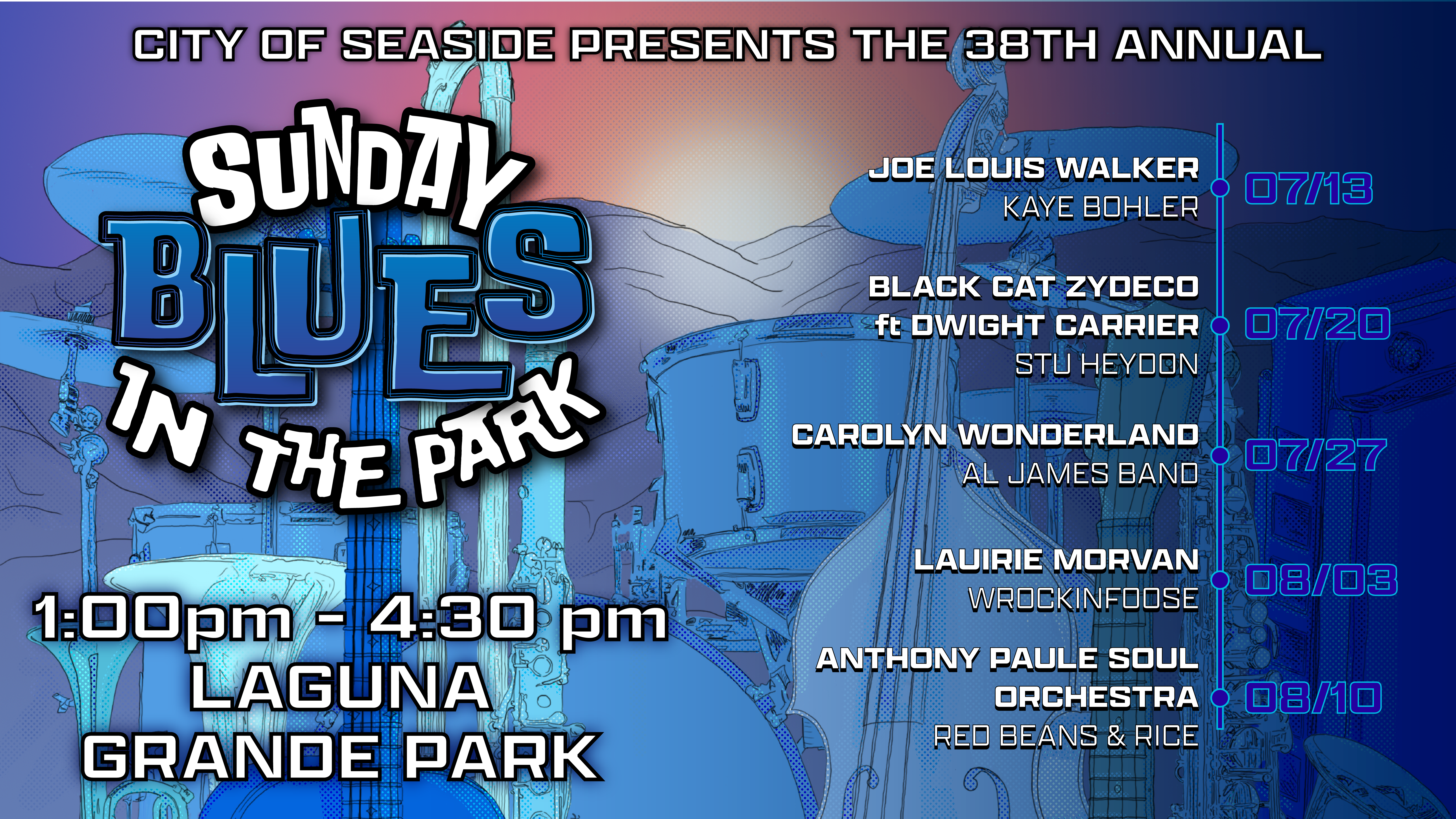 Sunday Blues, July 16 thru August 10 1 to 4:30 pm every sunday in laguna grande park