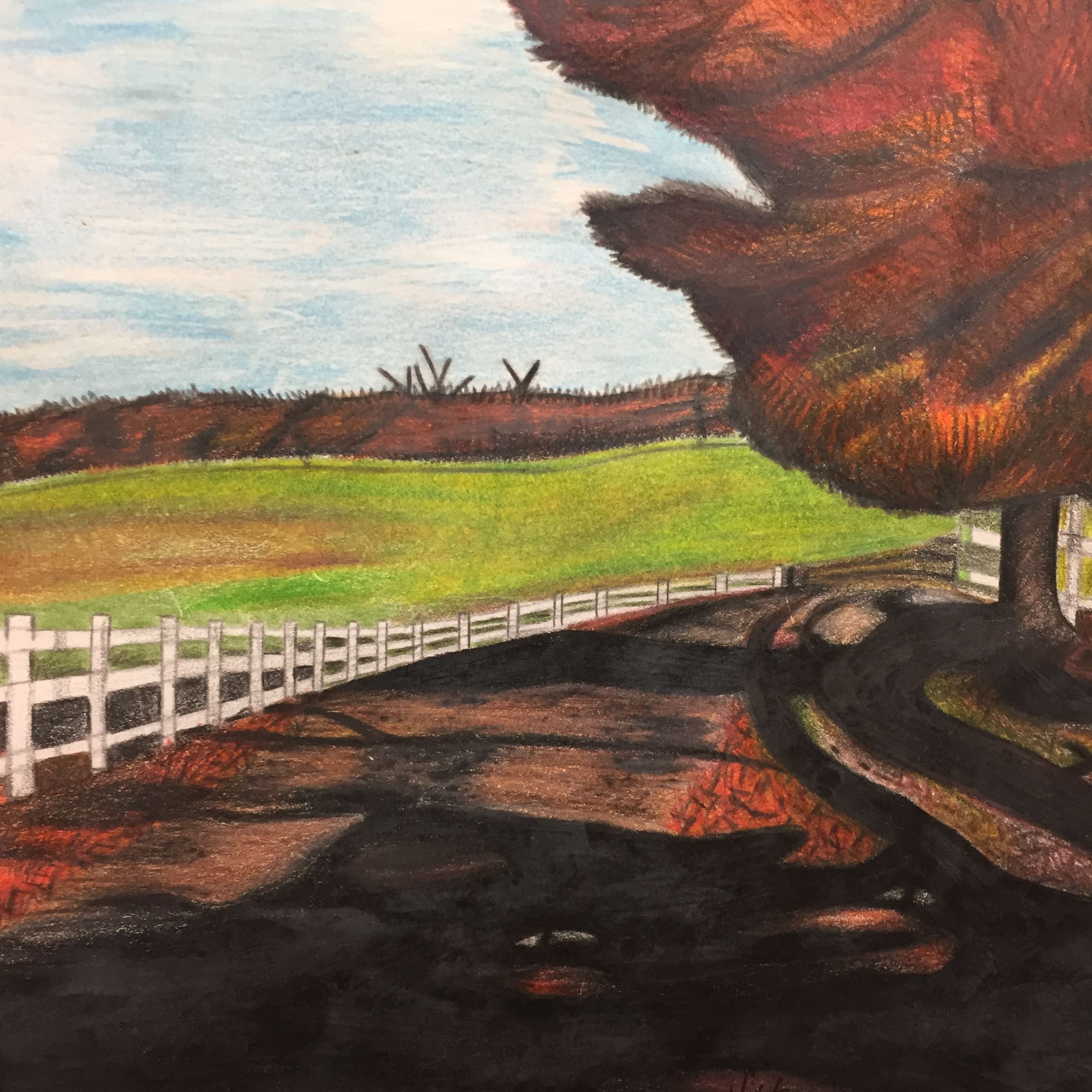 Painting of grass field, road and white fence
