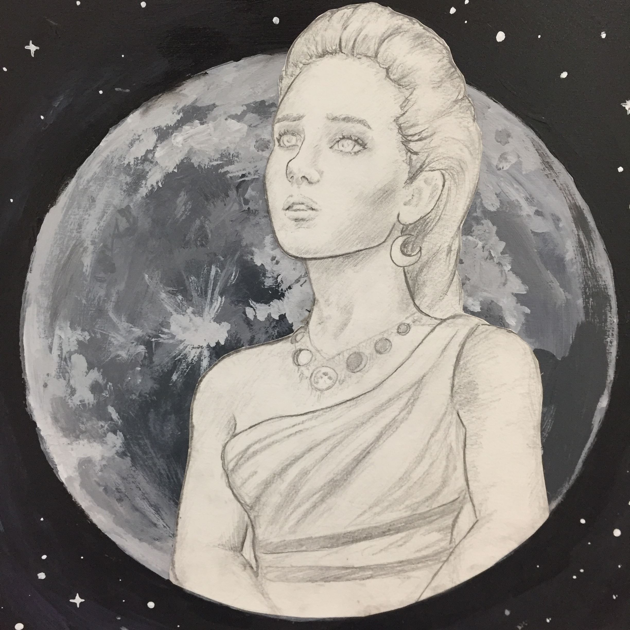 Black and white painting of woman in front of planet