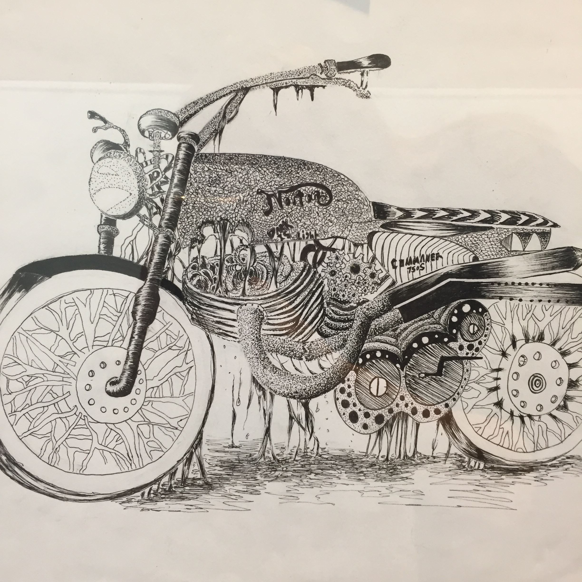 Black and white painting of motorcycle