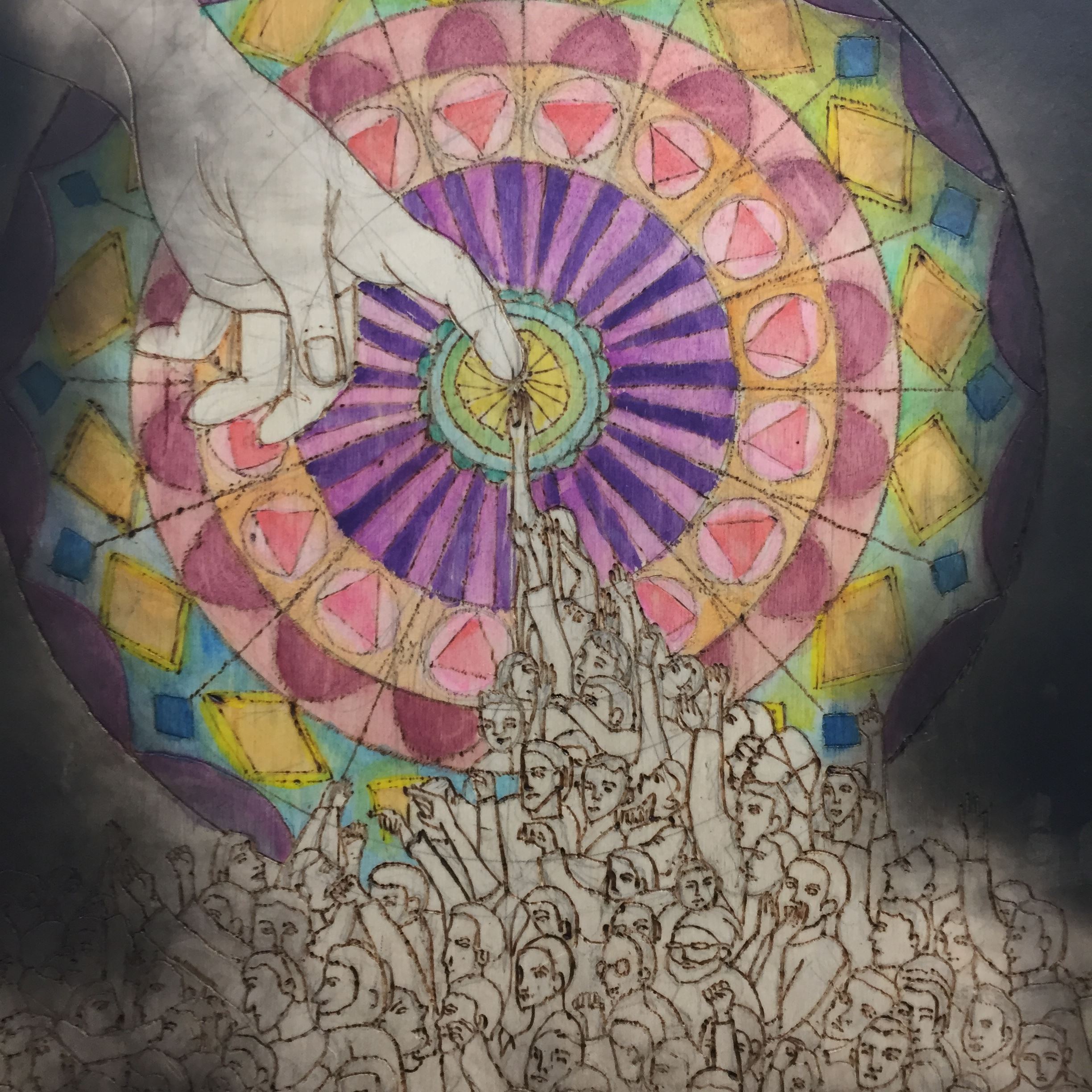 Abstract painting of hand and people in front of colorful background