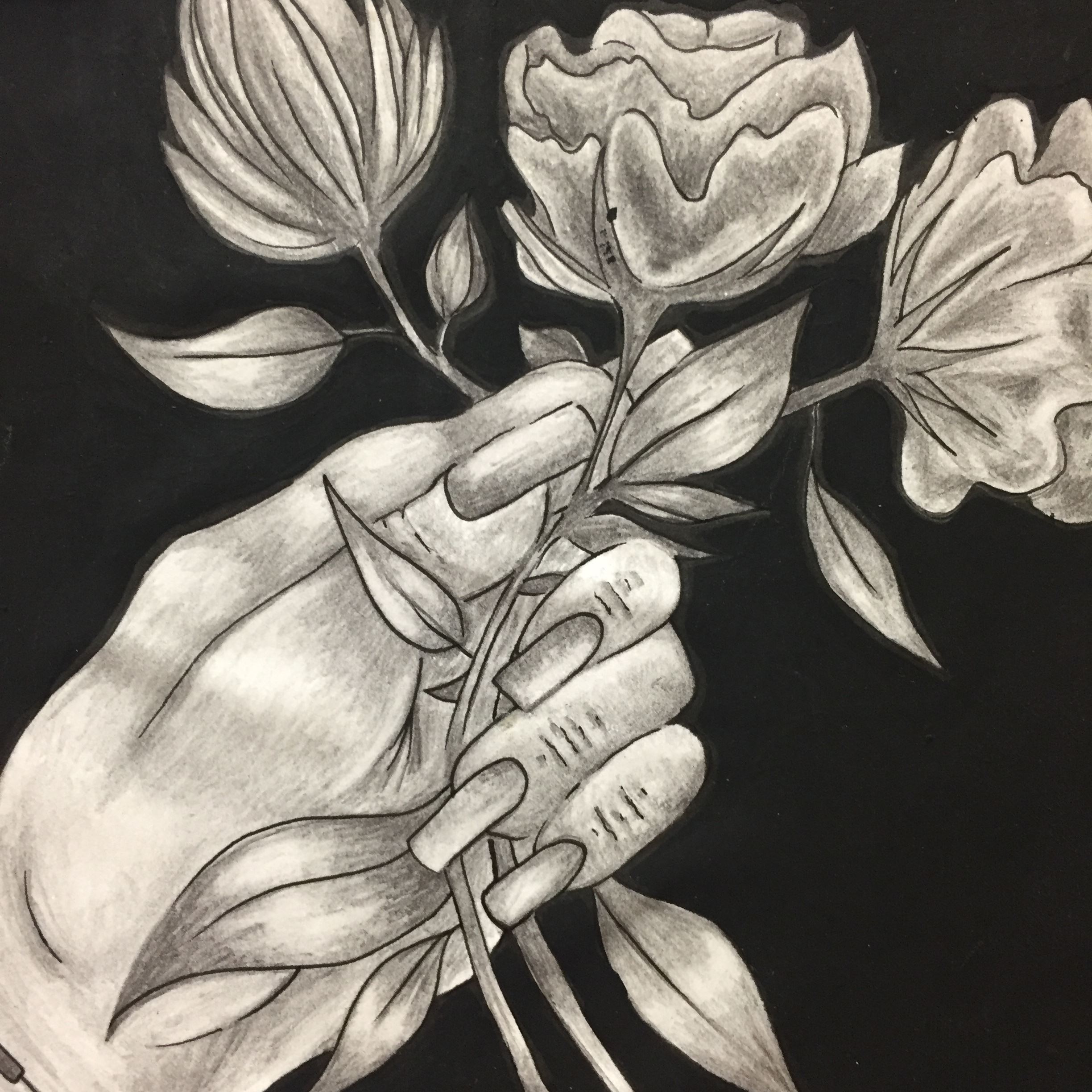 Black and white painting of woman's hand holding flowers