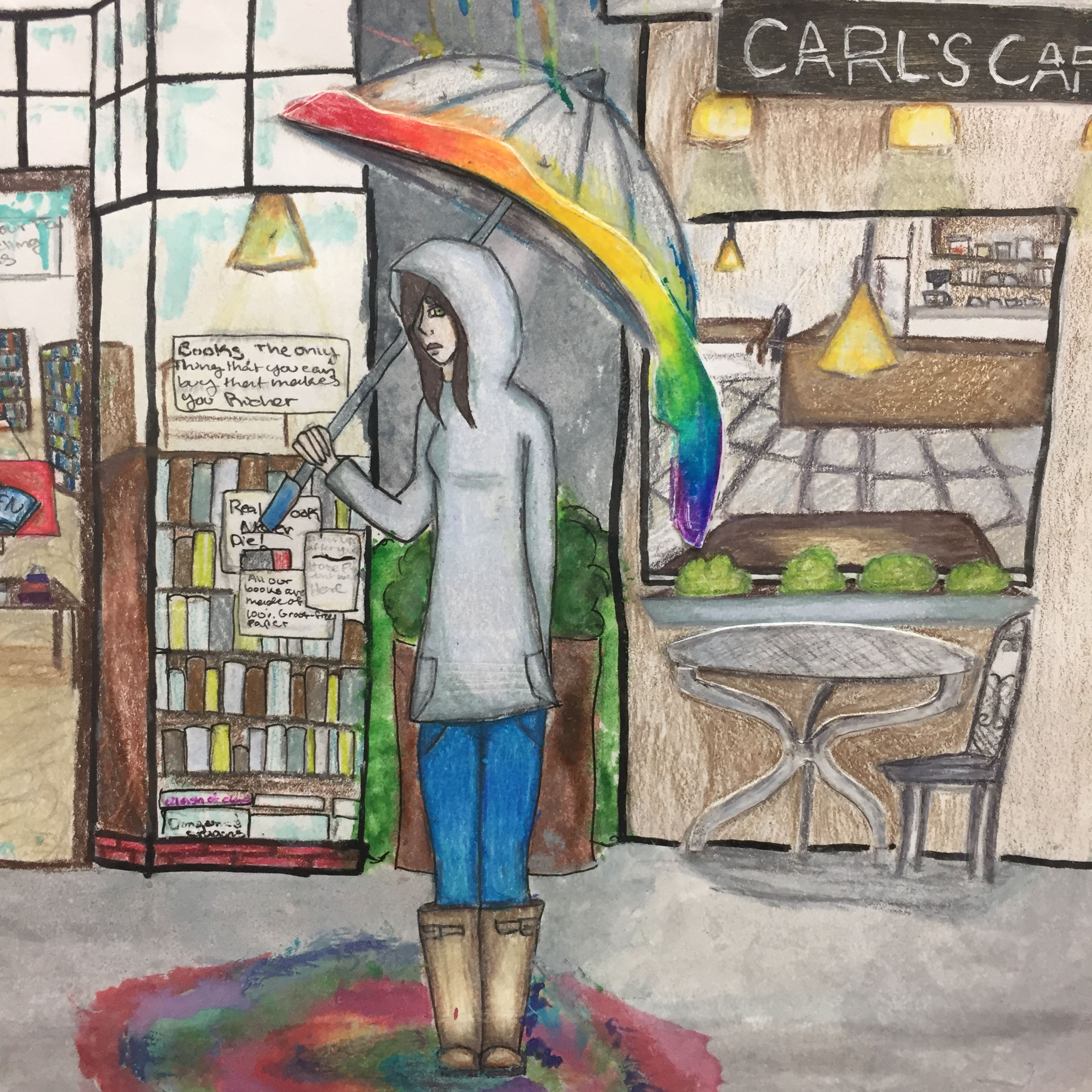 Painting of woman holding umbrella outside 