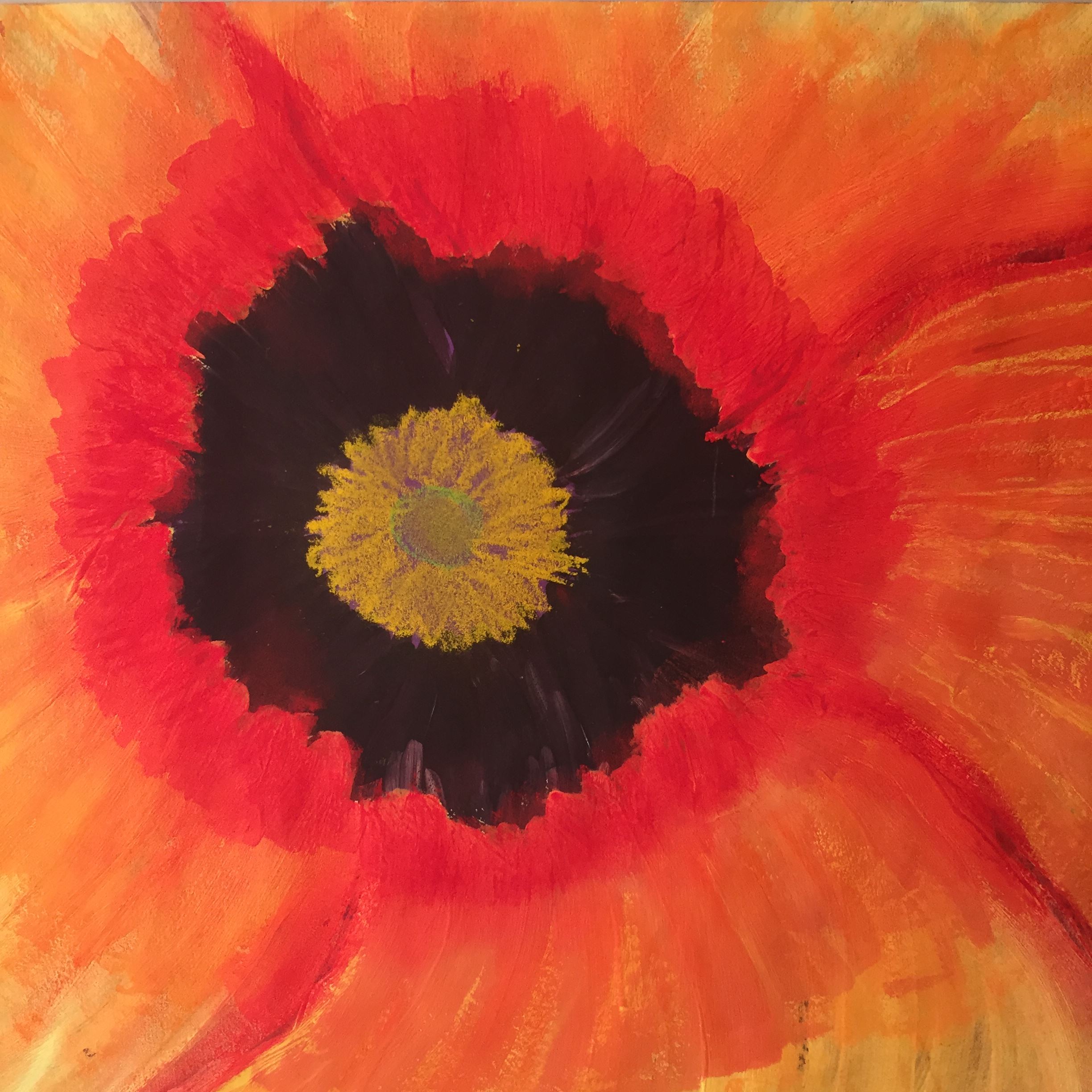 Painting of orange, red and black flower with a yellow center