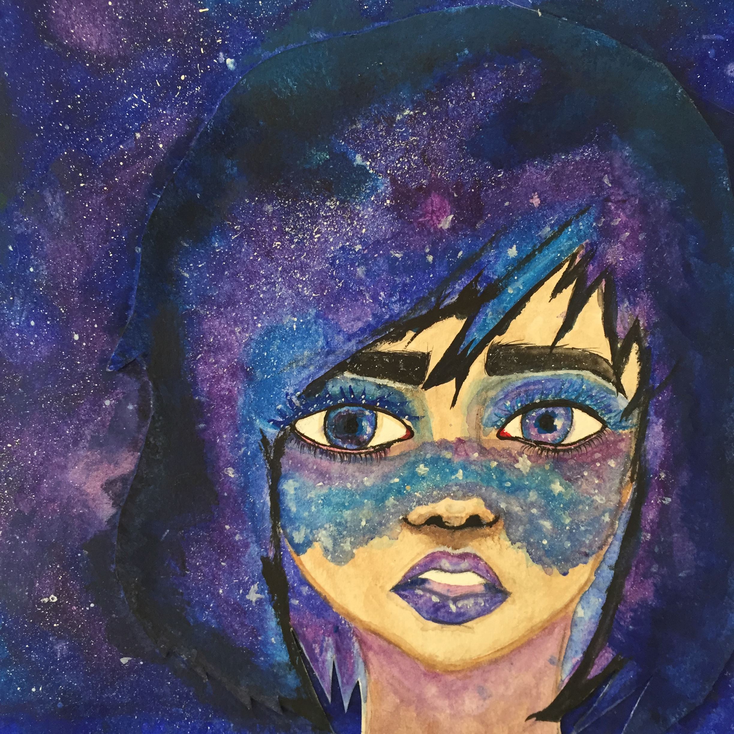 Painting of purple galaxy and woman's face